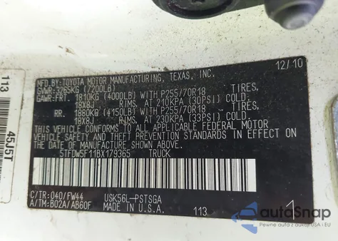 2011 Toyota Tundra Grade 5.7L V8 from USA, damaged, VIN 5TFDW5F11BX179365